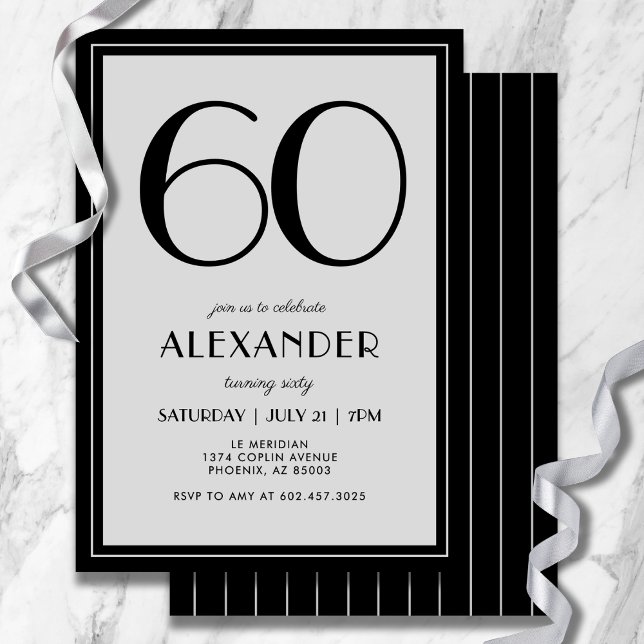 Invitation 60th Birthday Modern Minimalist Mens Black Gray (Modern black and light gray design—minimal, bold, and effortlessly stylish.)