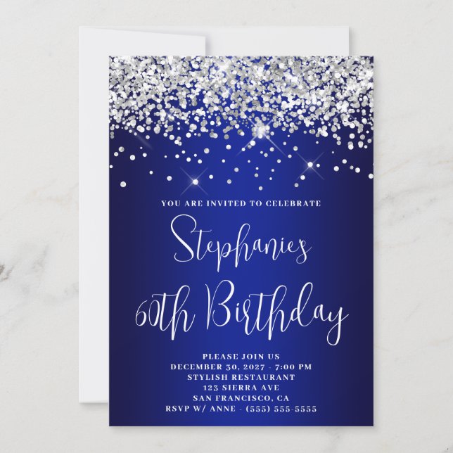 Invitation 60th Birthday Silver Glitter Royal Blue Navy Ombre (Devant)