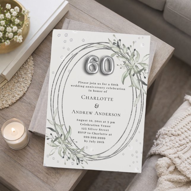 Invitation 60th wedding anniversary pearl gray greenery (Créateur téléchargé)