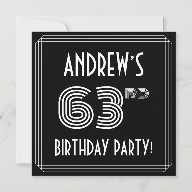 Invitation 63rd Birthday Party: Art Deco Style w/ Custom Name (Devant)