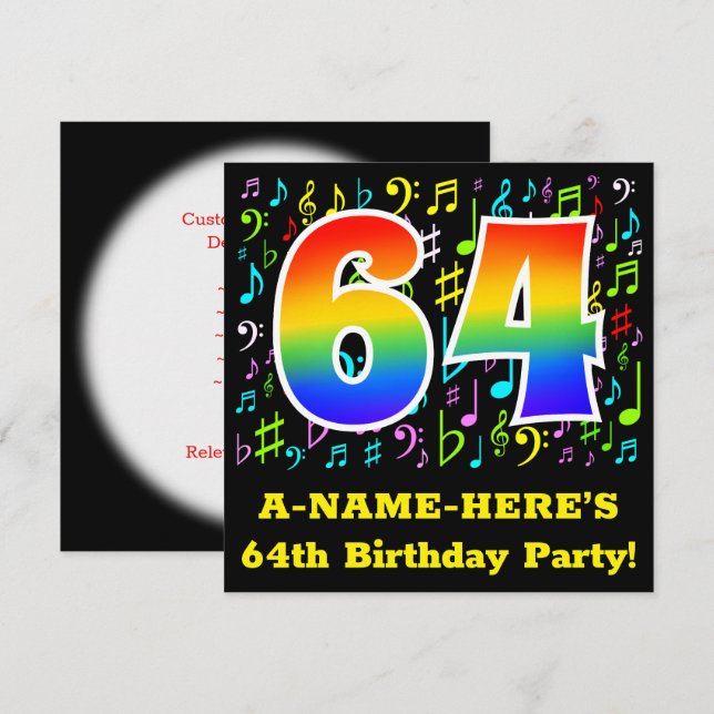 Invitation 64e fête d'anniversaire : Symboles de musique amus (Devant / Derrière)