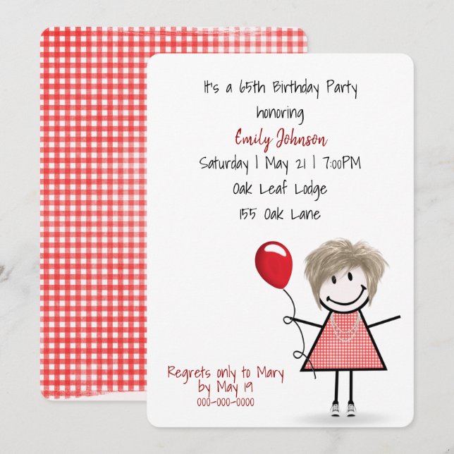 Invitation 65e anniversaire de fête fille avec ballon rouge (Devant / Derrière)