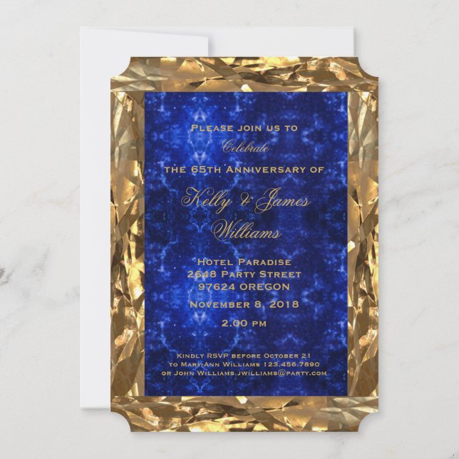 Invitation 65e anniversaire Mariage or bleu saphir chic (Dos)