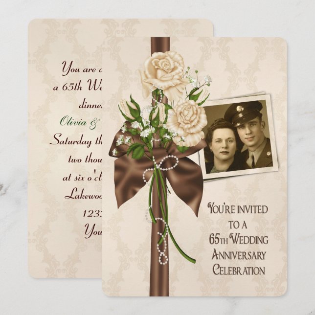Invitation 65e anniversaire Mariage Roses (Devant / Derrière)
