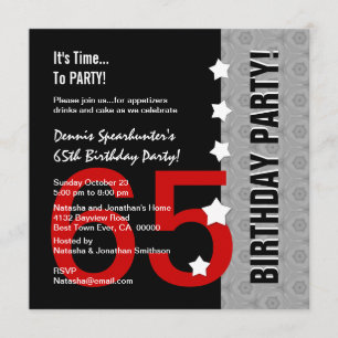 Invitation 65e Anniversaire Moderne Argent Rouge Noir Funny D