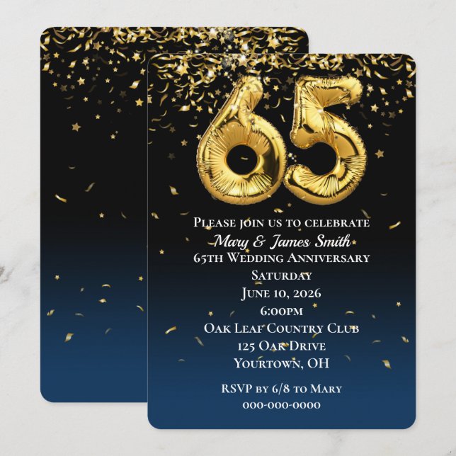 Invitation 65e Anniversaire Or Ballons & Confetti (Devant / Derrière)