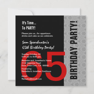 Invitation 65e anniversaire ou toute année Noir d'argent roug