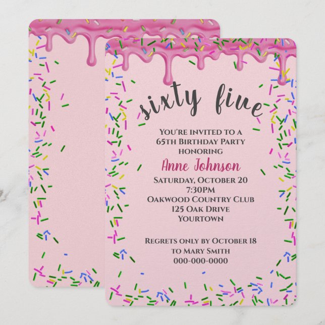 Invitation 65e Anniversaire Pink Icing Et Sprinkles (Devant / Derrière)