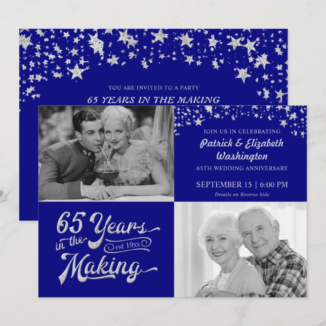 Invitation 65e Anniversaire Saphir Étoiles Paillettes Argenté (Devant / Derrière)