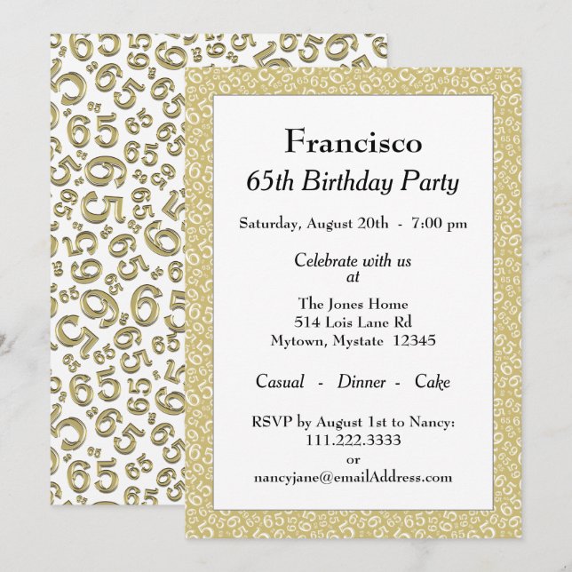 Invitation 65e fête d'anniversaire, Motif de numéro or/blanc (Devant / Derrière)