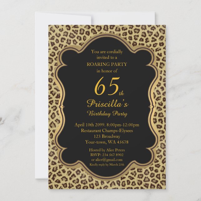 Invitation 65ème, Anniversaire 65ème, Cheetah, Noir & Or (Devant)