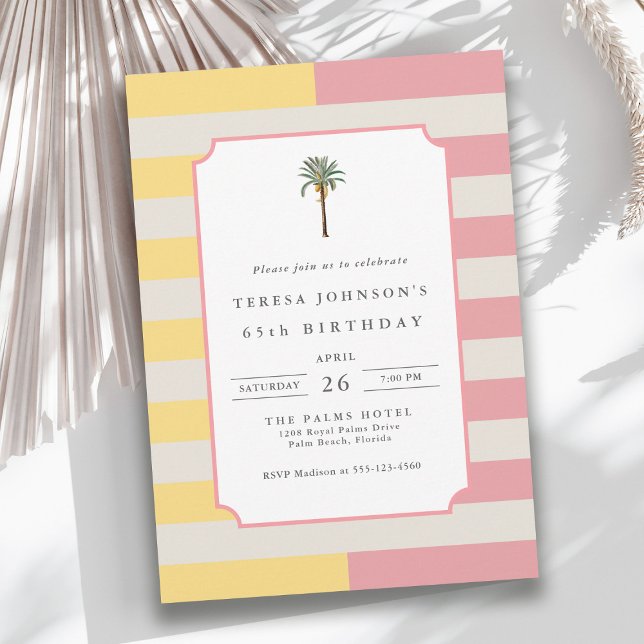 Invitation 65th Birthday Palm Beach Pastel Stripe Tropical (Available in both printed and instant download digital formats.)