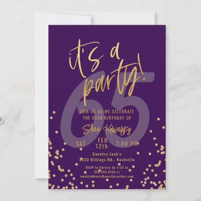 Invitation 65th Purple and Gold Fun Birthday Party (Devant)