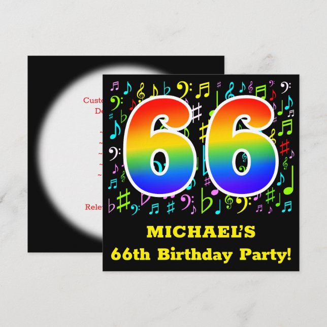 Invitation 66e fête d'anniversaire : Symboles de musique amus (Devant / Derrière)