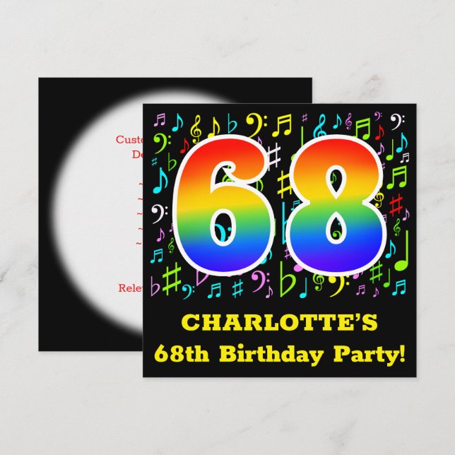Invitation 68e fête d'anniversaire : Symboles de musique amus (Devant / Derrière)