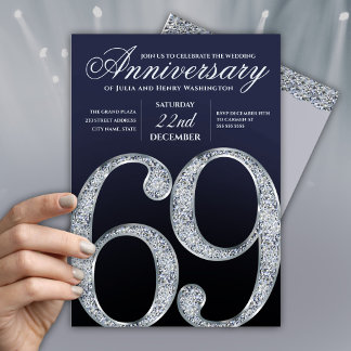 Invitation 69e Anniversaire Diamant Argent Marine Bleu Modern