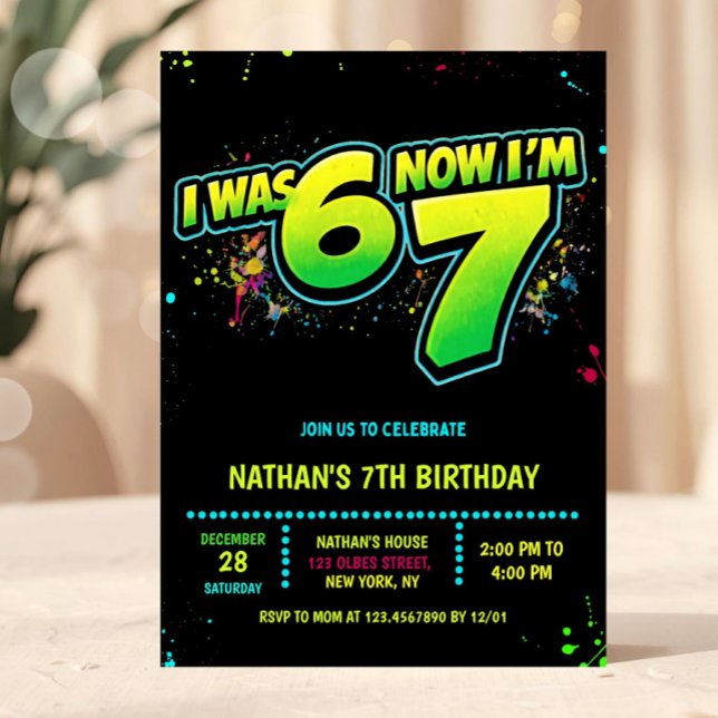 Invitation 6 7 Boy Neon Six Seven Birthday Graffiti (7th birthday invitation, neon birthday invite, graffiti birthday invitation, glow party invite, I wa)