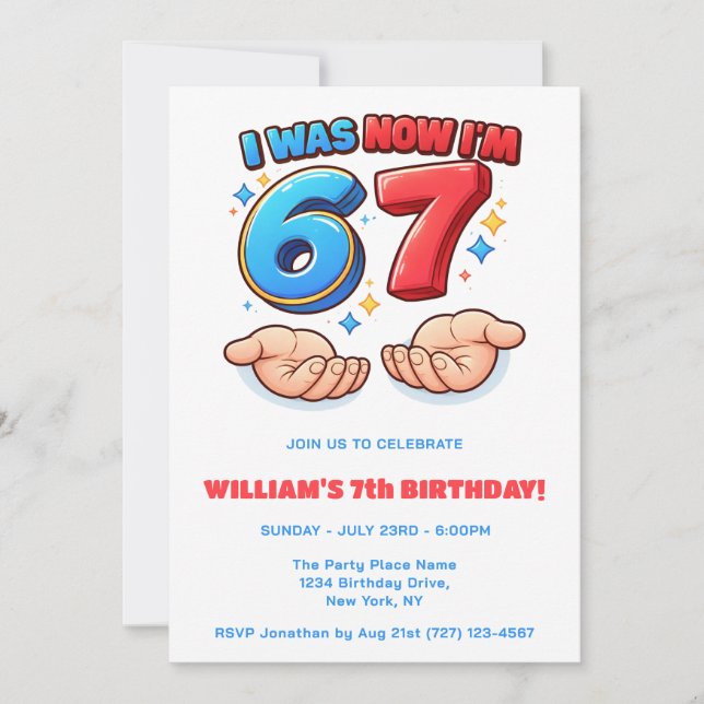 Invitation 6 7 Funny Meme red & blue kid birthday (Devant)