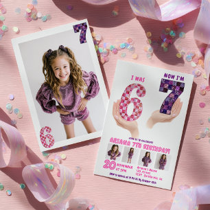Invitation 6 7 Mème Anniversaire Enfants Rose Violet Damier