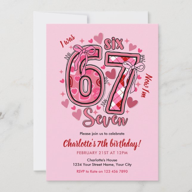 Invitation 6 7 Six Seven Meme Trend Pink Girls 7th Birthday (Devant)