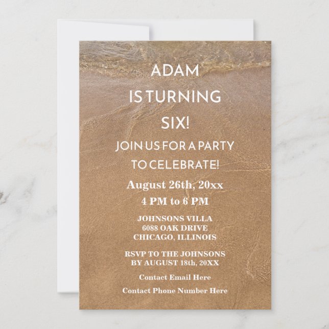 Invitation 6 Anniversaire Sandy Beach Ocean Custom Age (Devant)