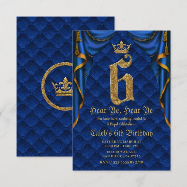 Invitation 6E 6 SIX Fête d'anniversaire Royal Blue Gold Crown (Devant / Derrière)