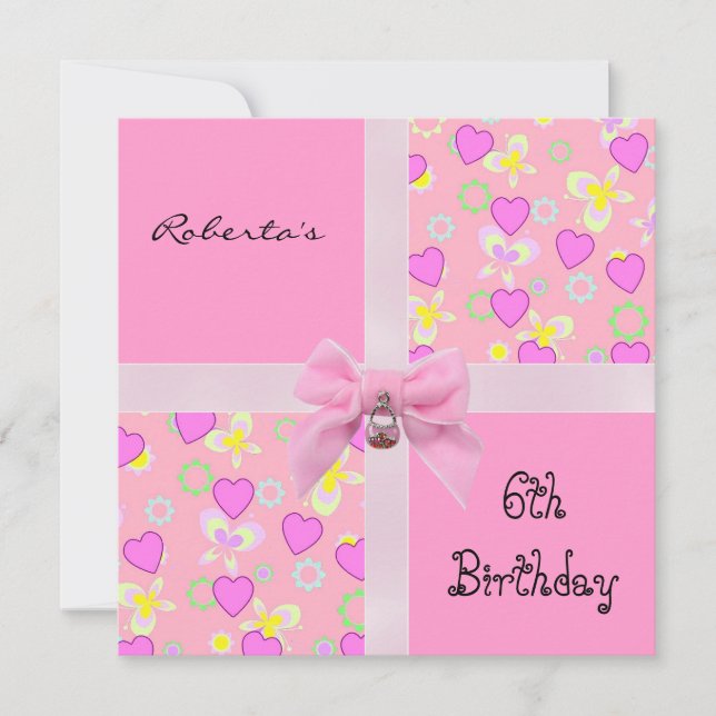 Invitation 6e anniversaire Coeurs roses Bow Girl (Devant)