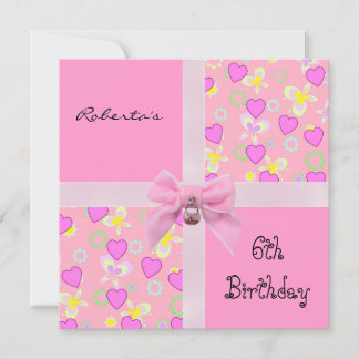 Invitation 6e anniversaire Coeurs roses Bow Girl