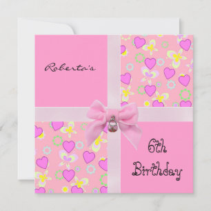 Invitation 6e anniversaire coeurs roses ruban fill