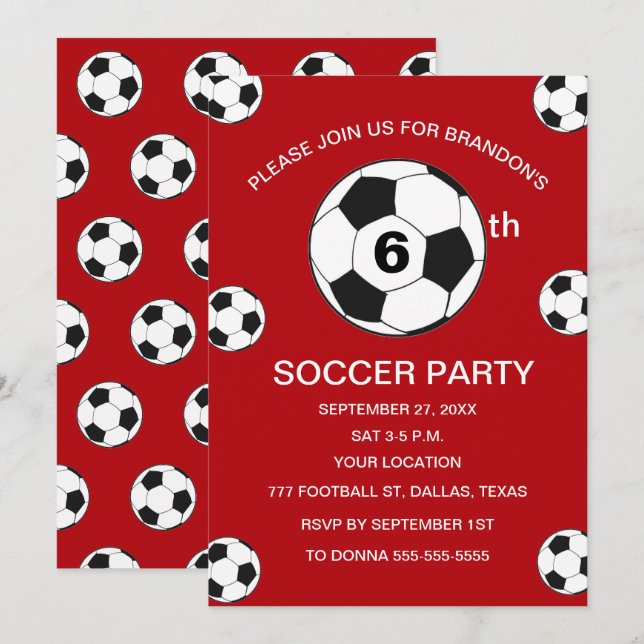 Invitation 6e anniversaire de fête Football Red Boys Sports (Devant / Derrière)