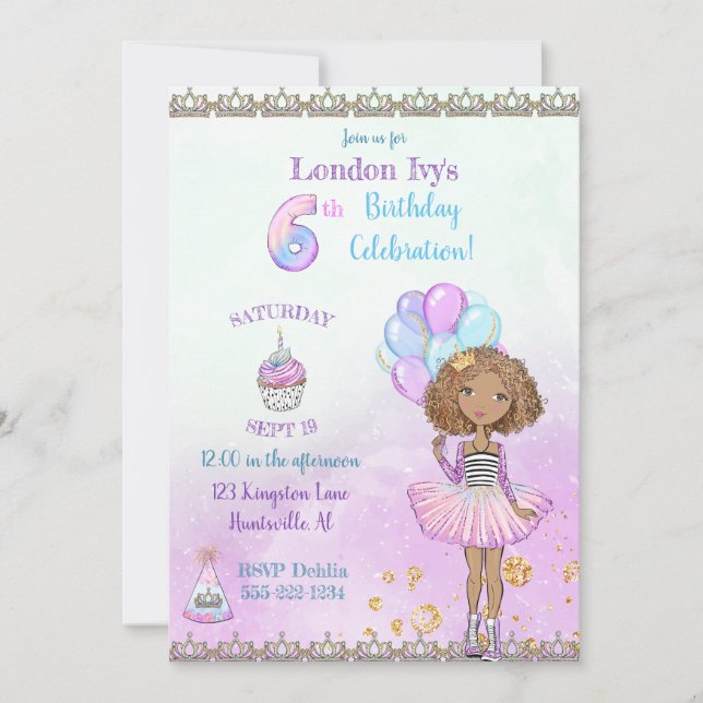 Invitation 6e anniversaire fille princesse africaine américai (Devant)