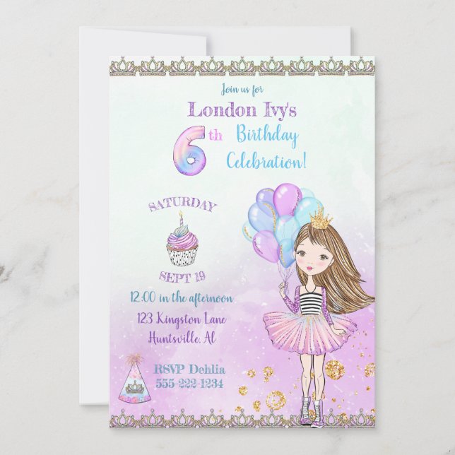 Invitation 6e anniversaire fille princesse Cupcake Ballons (Devant)