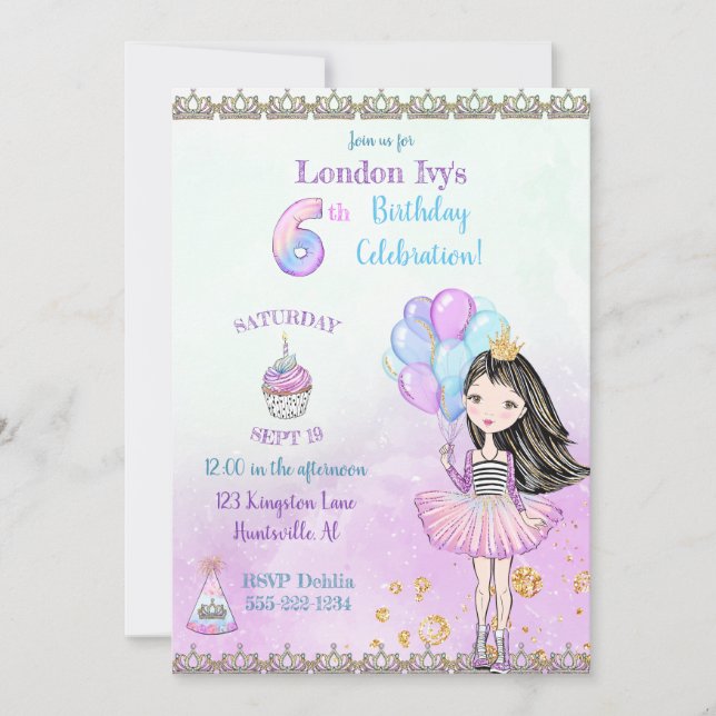 Invitation 6e anniversaire fille princesse Cupcake Ballons (Devant)