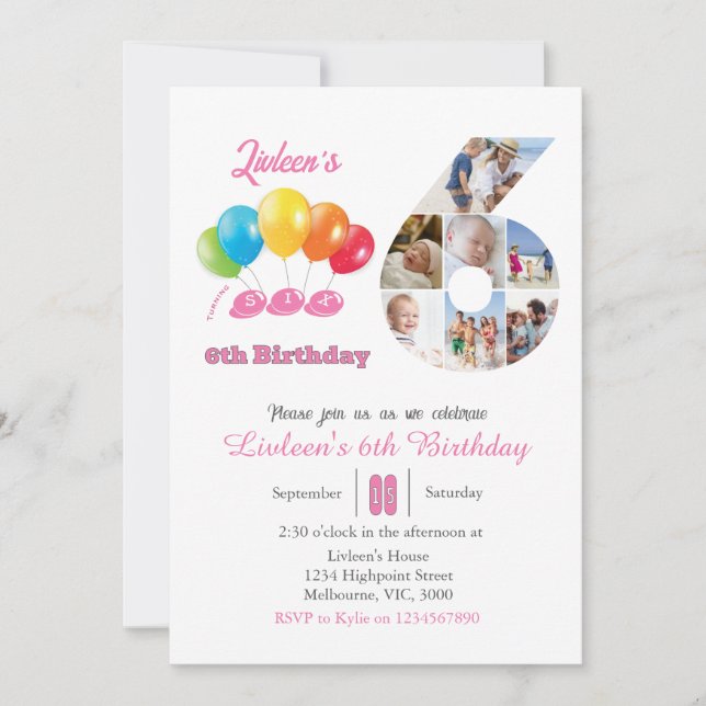 Invitation 6e anniversaire photo collage numéro 6 Fille (Devant)
