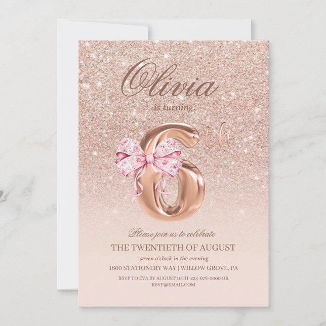 Invitation 6e anniversaire Rose rose or bow fête d'anniversai (Devant)