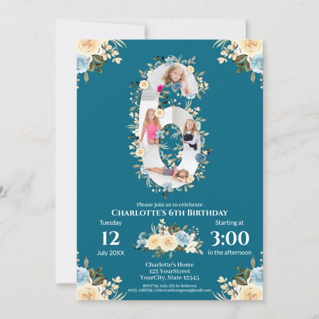 Invitation 6e anniversaire Turquoise Fleur photo Collage bleu (Devant)