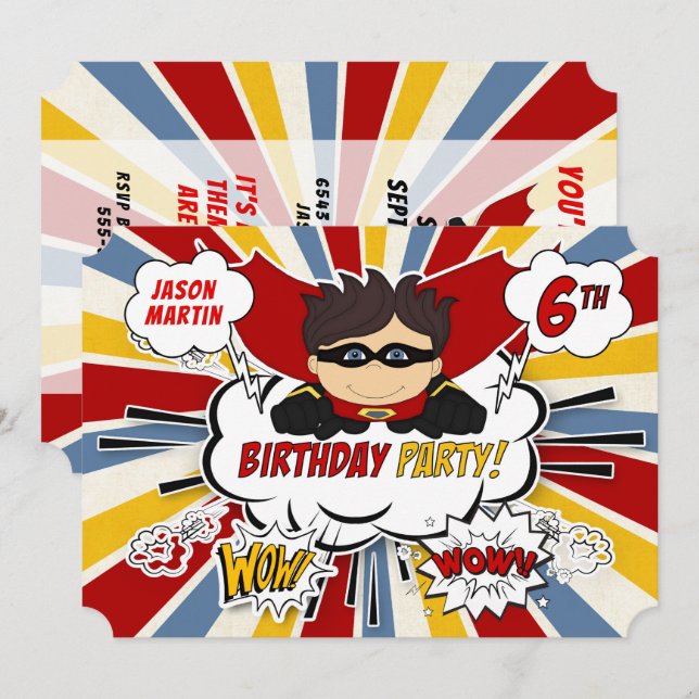 Invitation 6e fête d'anniversaire garçons Superhero Red Comic (Devant / Derrière)