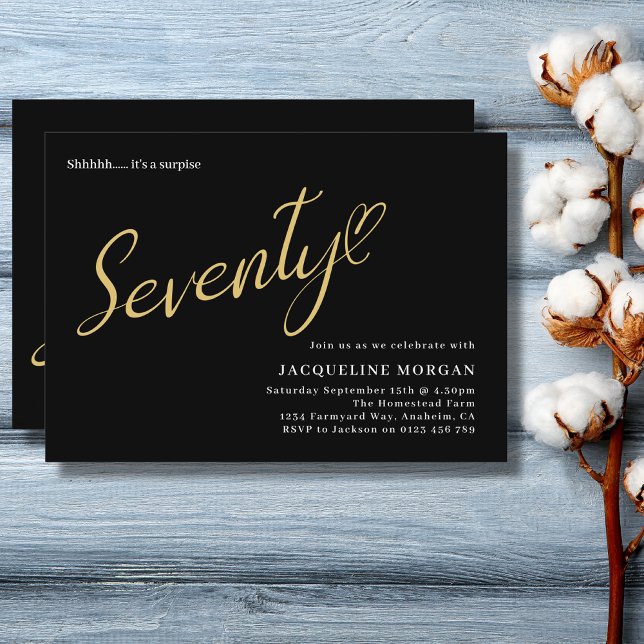 Invitation 70 ans d'or noir 70e anniversaire (70th birthday black and gold surprise birthday party invitation)