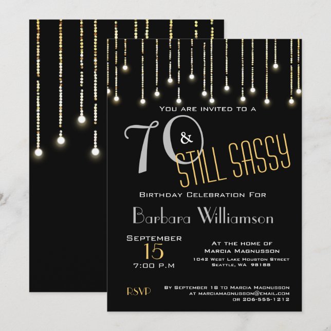 Invitation 70 Black Silver Gold Lights Birthday Party (Devant / Derrière)
