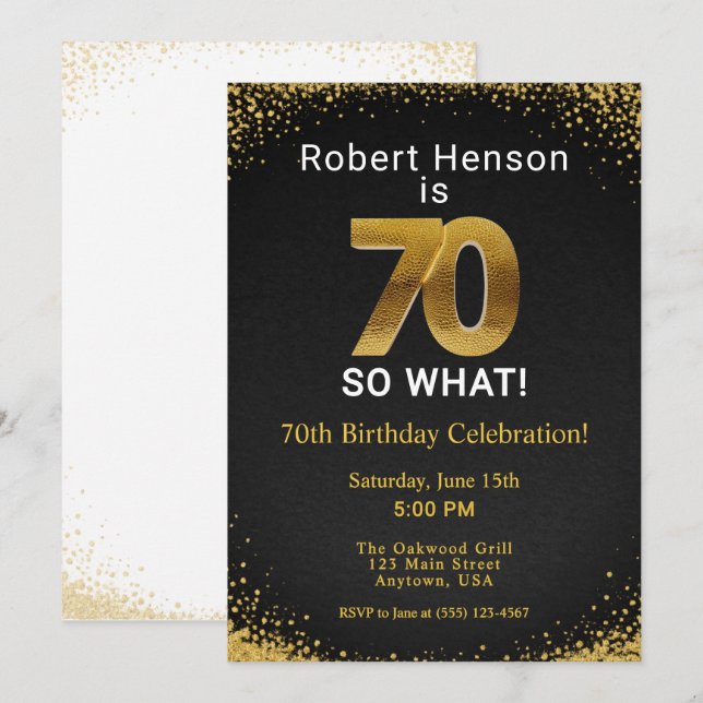 Invitation 70 So What! Black Gold 70th Birthday (Devant / Derrière)