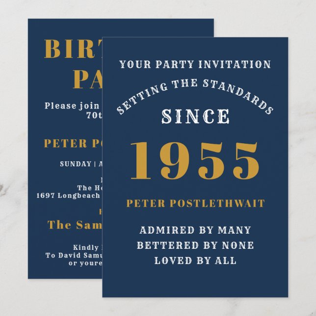 Invitation 70e Anniversaire 1955 Blue Gold Personnalisé Pour  (Devant / Derrière)