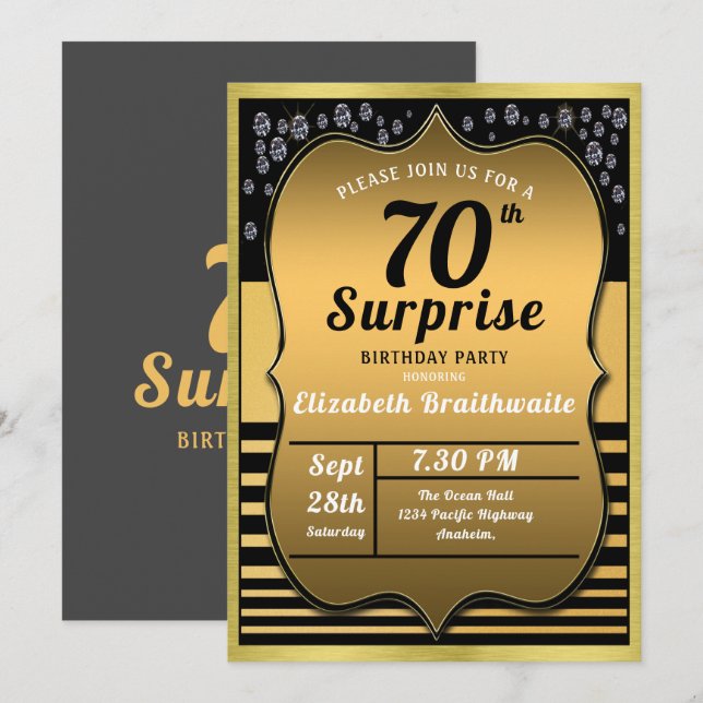 Invitation 70e anniversaire Black Gold Surprise Party (Devant / Derrière)