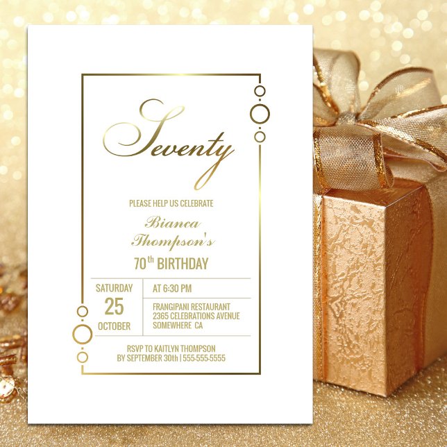 Invitation 70e anniversaire Blanc avec Gold Frame Party (Créateur téléchargé)
