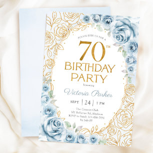 Invitation 70e Anniversaire Bleu Poussiéreux Or Floral Fémini