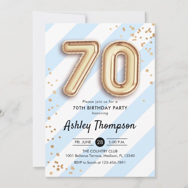 Invitation 70e anniversaire - Blue Stripes Gold Ballons (Devant)