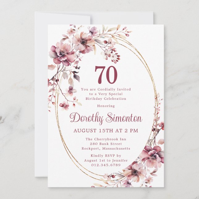 Invitation 70e anniversaire Bourgogne Blush Fleur sauvage ros (Devant)
