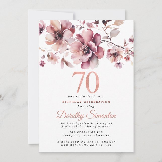 Invitation 70e anniversaire Bourgogne Dusty Blush rose floral (Devant)
