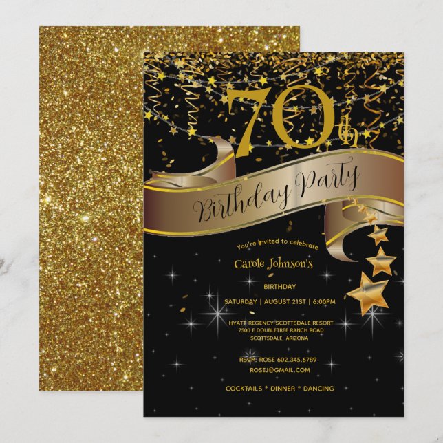 Invitation 70e anniversaire Champagne Glasses Streamers (Devant / Derrière)