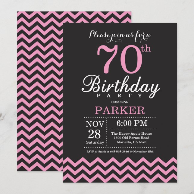 Invitation 70e anniversaire Chevron noir et rose (Devant / Derrière)