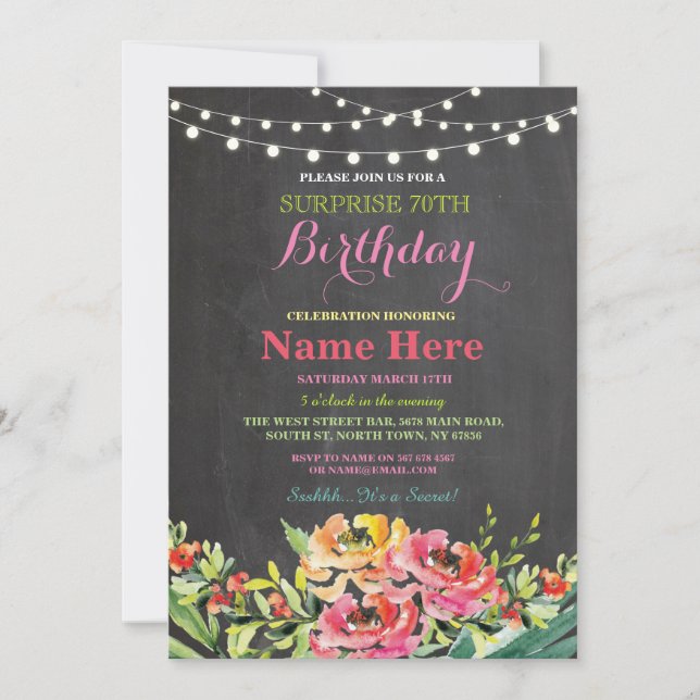 Invitation 70e anniversaire de fête Chalkboard Floral rose In (Devant)